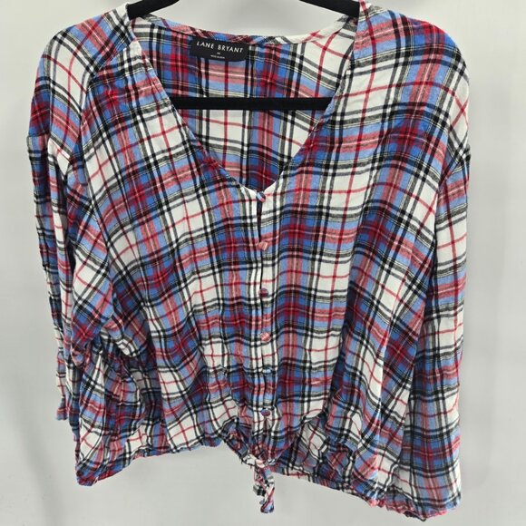 Lane Bryant Plaid Red Blue Button Rayon Tie Front Long Sleeve Shirt Size 20 - Picture 1 of 12
